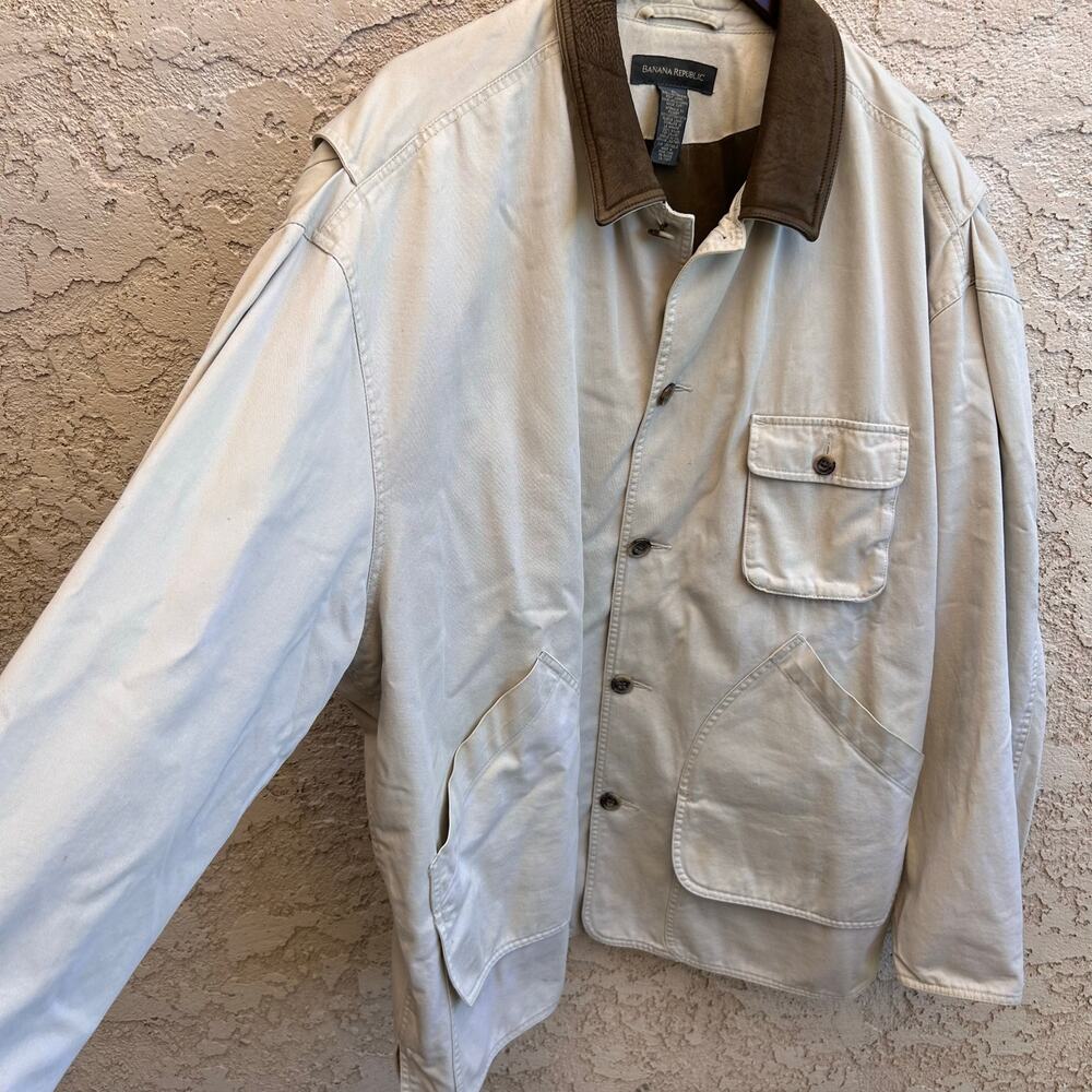 Vintage Banana Republic Cotton Canvas Jacket Brown Leather Collar XL - Picture 4 of 6